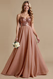 Robe de demoiselle d’honneur scintillante Dusty Rose Spaghetti Straps A Line