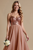 Robe de demoiselle d’honneur scintillante Dusty Rose Spaghetti Straps A Line