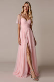 Robe de demoiselle d’honneur rose bonbon à manches courtes