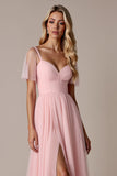 Robe de demoiselle d’honneur rose bonbon à manches courtes