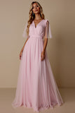 Candy Pink A Line Robe de demoiselle d’honneur à col en V