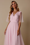 Candy Pink A Line Robe de demoiselle d’honneur à col en V