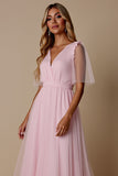 Candy Pink A Line Robe de demoiselle d’honneur à col en V