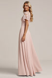 Robe de demoiselle d’honneur en mousseline de soie rose