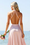 Robe longue de demoiselle d’honneur dos nu rose bonbon