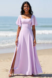 Robe de demoiselle d’honneur longue en mousseline de soie lilas