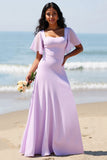 Robe de demoiselle d’honneur longue en mousseline de soie lilas
