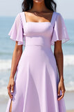 Robe de demoiselle d’honneur longue en mousseline de soie lilas