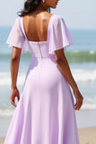 Robe de demoiselle d’honneur longue en mousseline de soie lilas