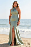 Eucalyptus grande taille sirène longue robe de demoiselle d’honneur avec fente