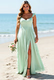 Mousseline de soie vert menthe Plus taille spaghetti bretelles robe longue demoiselle d’honneur