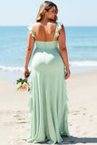 Mousseline de soie vert menthe Plus taille spaghetti bretelles robe longue demoiselle d’honneur