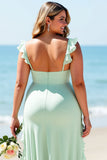 Mousseline de soie vert menthe Plus taille spaghetti bretelles robe longue demoiselle d’honneur