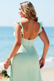 Mousseline de soie vert menthe Plus taille spaghetti bretelles robe longue demoiselle d’honneur