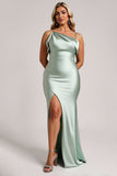 Robe de demoiselle d’honneur longue en satin grande taille vert sauge avec fente
