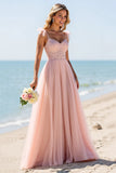 Blush Une Ligne Tulle Spaghetti Bretelles Longue Robe de demoiselle d’honneur avec Appliques