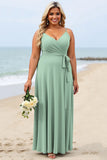 Vert sauge grande taille mousseline de soie spaghetti bretelles longue robe de demoiselle d’honneur