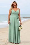 Vert sauge grande taille mousseline de soie spaghetti bretelles longue robe de demoiselle d’honneur