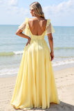Jaune Une ligne col en V Mousseline de soie Longue Robe de demoiselle d’honneur avec fente
