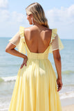 Jaune Une ligne col en V Mousseline de soie Longue Robe de demoiselle d’honneur avec fente