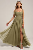 Olive Spaghetti Bretelles Tulle Une Ligne Longue Robe de demoiselle d’honneur avec Fente