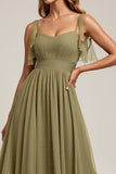 Olive Spaghetti Bretelles Tulle Une Ligne Longue Robe de demoiselle d’honneur avec Fente