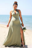 Olive Plus Size Dos Nu Satin Longue Robe de demoiselle d’honneur avec fente