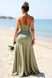 Olive Plus Size Dos Nu Satin Longue Robe de demoiselle d’honneur avec fente
