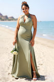 Olive Plus Size Dos Nu Satin Longue Robe de demoiselle d’honneur avec fente