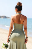 Olive Plus Size Dos Nu Satin Longue Robe de demoiselle d’honneur avec fente