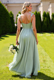 Mousseline de soie Vert Sauge Bretelles Spaghetti Une Ligne Longue Robe De Demoiselle D’honneur