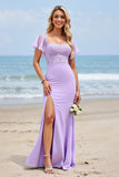 Lilas en mousseline de soie Flutter manches fourreau longue robe de demoiselle d’honneur avec appliques