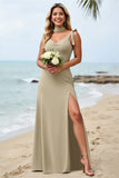 Olive gaine satin spaghetti bretelles longue robe de demoiselle d’honneur avec