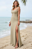 Olive gaine satin spaghetti bretelles longue robe de demoiselle d’honneur avec