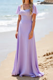 Satin lilas à manches flottantes Une ligne Longue Robe de demoiselle d’honneur avec perles