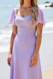 Satin lilas à manches flottantes Une ligne Longue Robe de demoiselle d’honneur avec perles