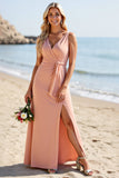 Blush Satin Gaine Col V Robe de demoiselle d’honneur longue avec fente