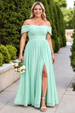 Épaule dénudée Une ligne Robe de demoiselle d’honneur vert menthe avec fente