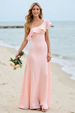 Mousseline de soie une épaule une ligne robe de demoiselle d’honneur rose bonbon avec volants