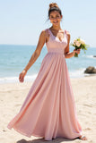 Candy Pink A Line Col en V Robe de demoiselle d’honneur en mousseline de soie