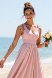 Candy Pink A Line Col en V Robe de demoiselle d’honneur en mousseline de soie