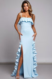 Robe de demoiselle d’honneur à volants bleu ciel avec fente