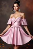 Robe de retour à la maison rose scintillant à épaules froides