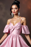 Robe de retour à la maison rose scintillant à épaules froides