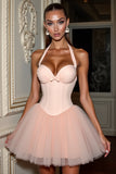 Blush Halter Corset Robe courte de retour à la maison avec noeud