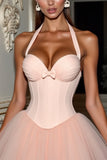Blush Halter Corset Robe courte de retour à la maison avec noeud