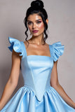 Bleu ciel col carré à volants manches une ligne robe de bal