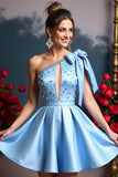 Robe de retour en perles bleu ciel à une épaule