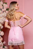 Candy Pink Robe de cocktail moulante corset à épaules dénudées