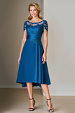 Bleu Paon Une Ligne Thé Longueur Mère De La Mariée Robe Avec Dentelle